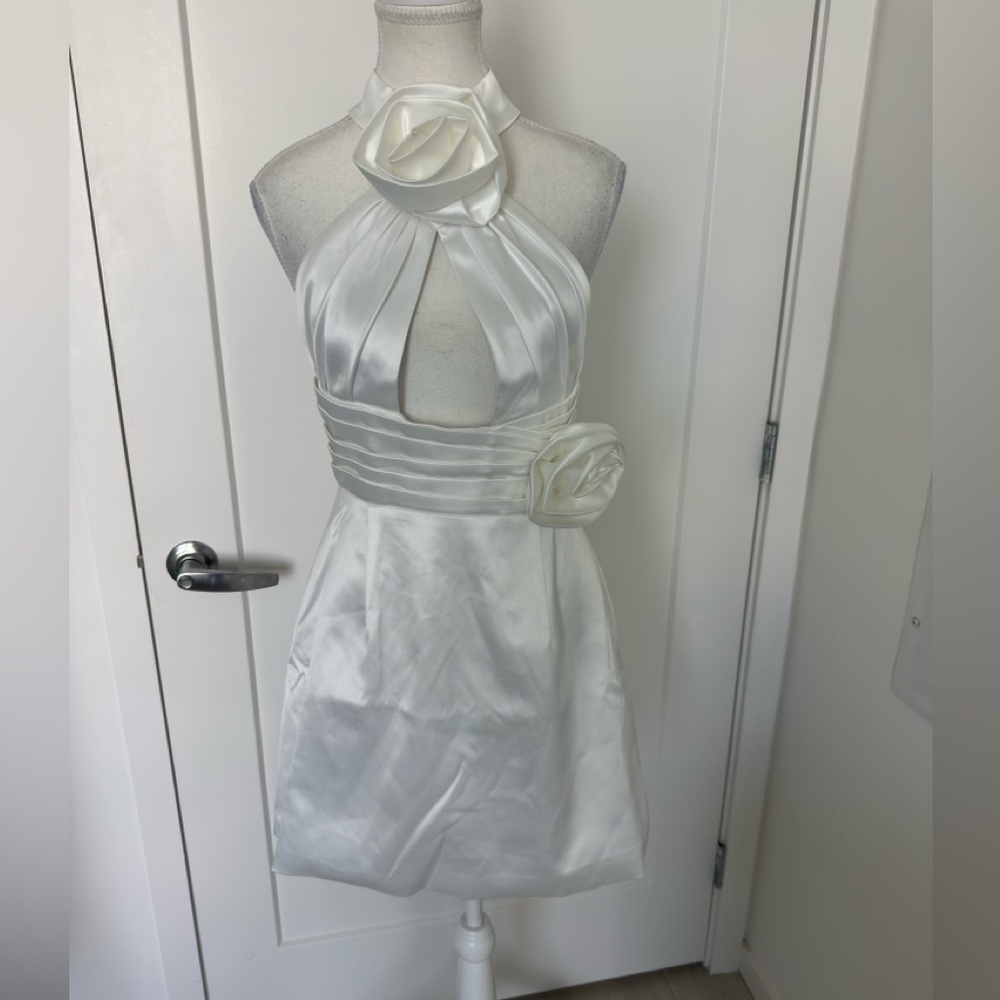 Mew Mews White Halter Mini Dress with Rosette Detail